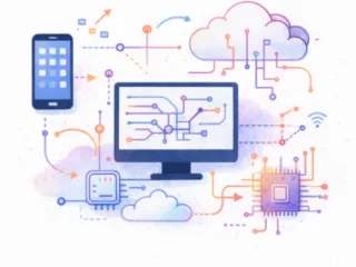 Illustration of interconnected technology systems showing a smartphone, computer monitor, cloud icons, and microchips linked by colorful circuit lines.