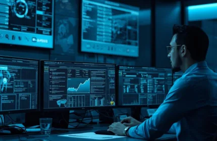 A cybersecurity professional monitoring data on multiple screens, representing defense and security operations.