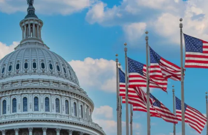 The U.S. Capitol with flags in the foreground, representing government defense programs and support.