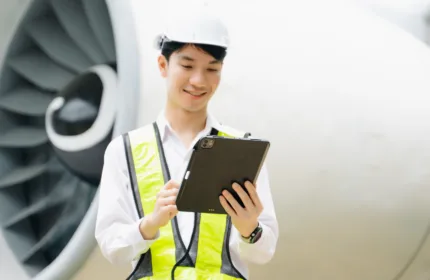 An aviation technician with an aircraft engine, representing workforce and operational support for FAA programs.