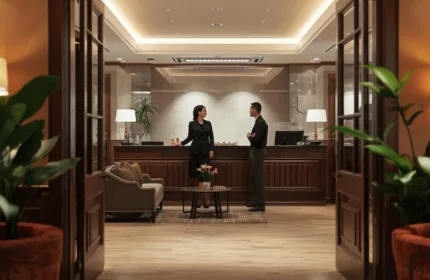 A hotel lobby with guests, representing administrative and customer service support in hospitality.