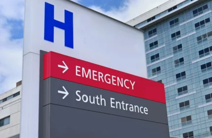 A hospital building exterior, representing financial support for hospital operations.