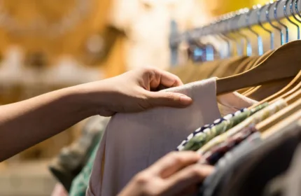 A shopper looking at clothing, representing financial planning for retail operations.