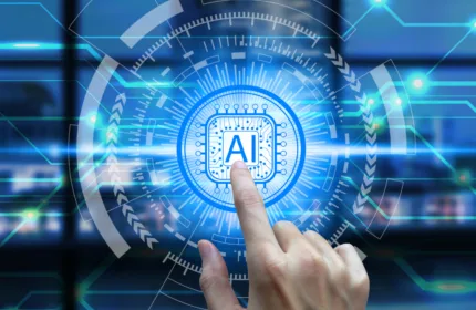 Hand selecting an AI icon on a glowing digital interface, representing artificial intelligence tools and smart automation — Beacon Hill Associates staffing for administrative and operational support in AI environments.