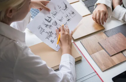 Business professionals sitting across the table from each other discussing designs. One is holding some sketches of the latest designs while there are samples of flooring spread out across the table.
