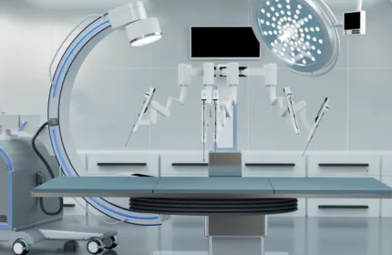 A white clean room containing large medical devices