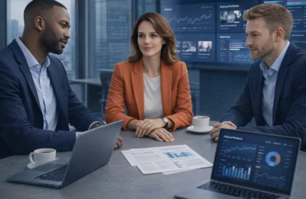 Three colleagues sitting in a conference room reviewing financial reports and data dashboards on laptops and screens during a business meeting.
