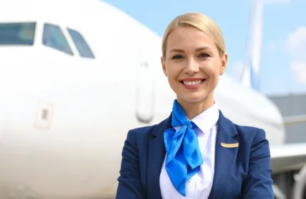 A flight attendant in a blue uniform stands with arms crossed on an airport tarmac in front of a large passenger airplane.