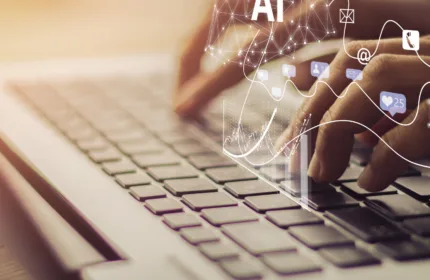 Hands interacting with a VR device, symbolizing IT and digital innovation technologies.