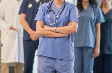 Clinical healthcare team collaborating in patient care environment.