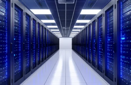 A symmetrical data center corridor with servers, representing financial management of hardware and infrastructure operations.