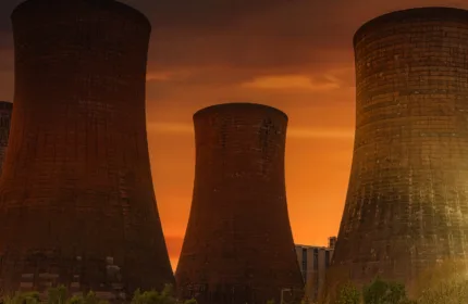 Cooling towers at sunset with rising steam, representing financial support for nuclear energy operations.