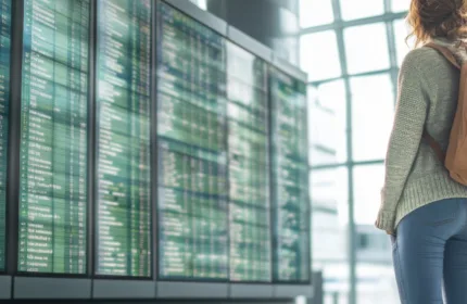 A person at an airport terminal, representing financial planning for travel organizations.