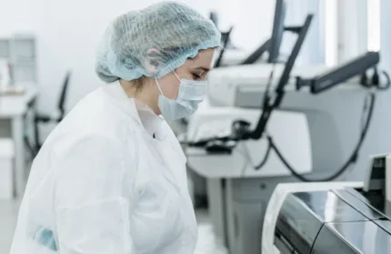 A lab professional in protective gear, representing financial support for chemical operations.