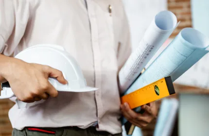 An architecture or engineering professional holding blueprints and a safety helmet, representing project planning and design.