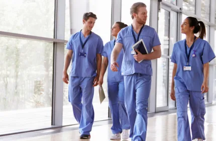 Healthcare professionals in a hospital corridor, symbolizing financial solutions for medical systems.