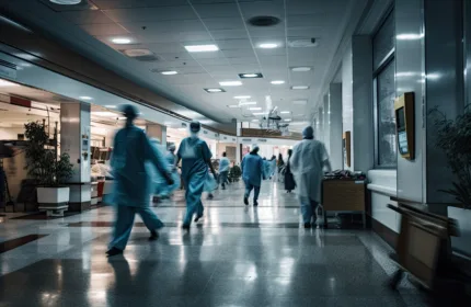 Healthcare professionals moving through a clinical facility supported by modern healthcare technology systems and digital transformation initiatives