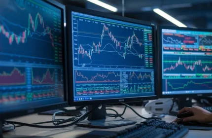 Multiple monitors display real-time market data, trading activity and financial analytics, representing brokerage operations, securities trading and investment management services.