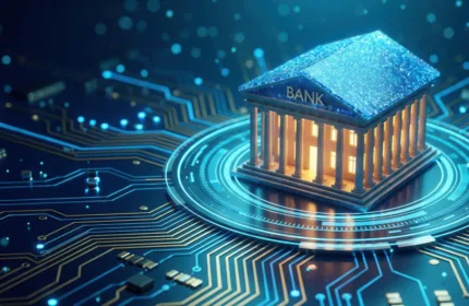 A digital bank icon integrated with interconnected data circuits represents commercial banking technology, financial infrastructure and modern digital banking services.