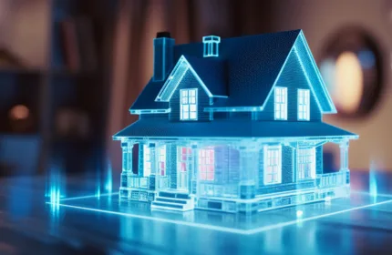 A digital model of a residential home surrounded by connected technology elements represents mortgage lending, home financing and technology-driven mortgage services.