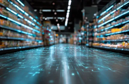 A technology-enabled retail environment features store aisles overlaid with digital data pathways and consumer goods operations.