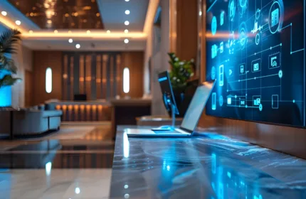 A luxury retail environment features a technology-enabled customer experience with digital service interfaces, representing luxury brand operations, premium customer engagement and connected commerce solutions.