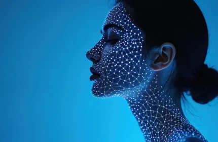 A digital facial mapping visualization overlays a human profile, representing beauty technology, personalized consumer experiences, and data-driven innovation in the beauty and personal care industry.