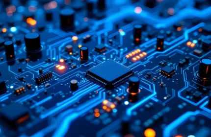 A close-up view of an advanced circuit board with interconnected microchips and illuminated data pathways.