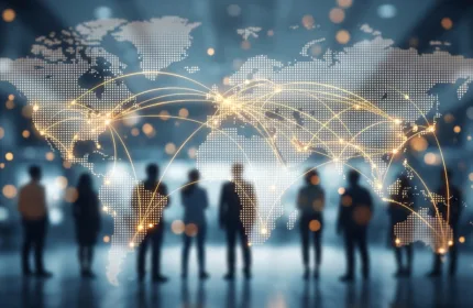 Global network connections displayed over a world map with silhouetted professionals.