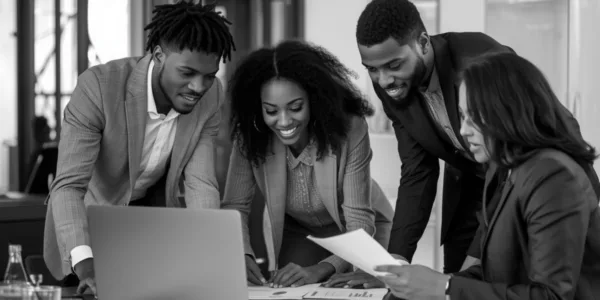 Business professionals gathered around a laptop and documents, engaged in a collaborative strategy discussion.