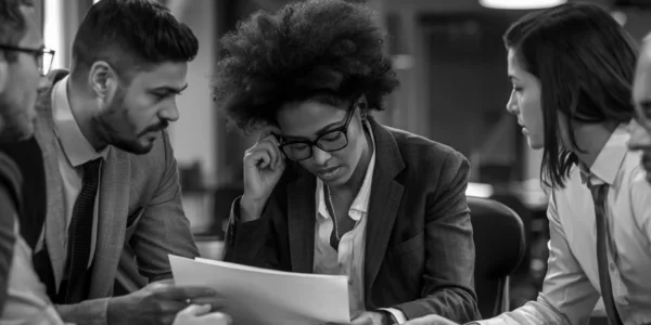 Colleagues collaborating at a meeting table, closely reviewing printed materials together.