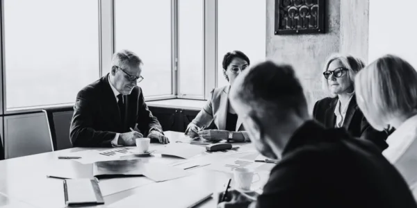 Executives gathered in a boardroom, reviewing charts and reports during a formal business meeting.