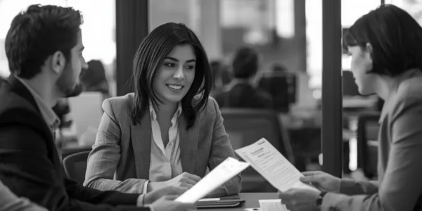 Business professionals seated around a conference table, discussing documents during a meeting in a modern office.