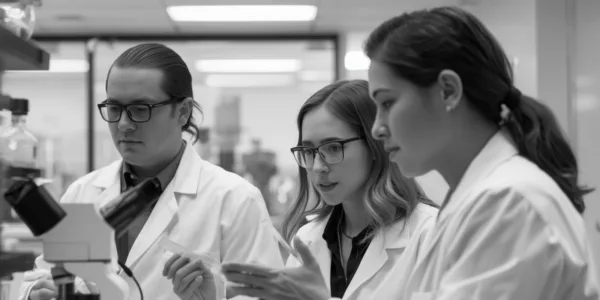 Professionals in lab coats collaborating in a laboratory, reviewing materials and using scientific equipment.