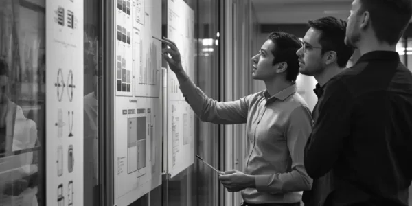 Team members analyzing charts and diagrams displayed on large glass panels in an office environment.