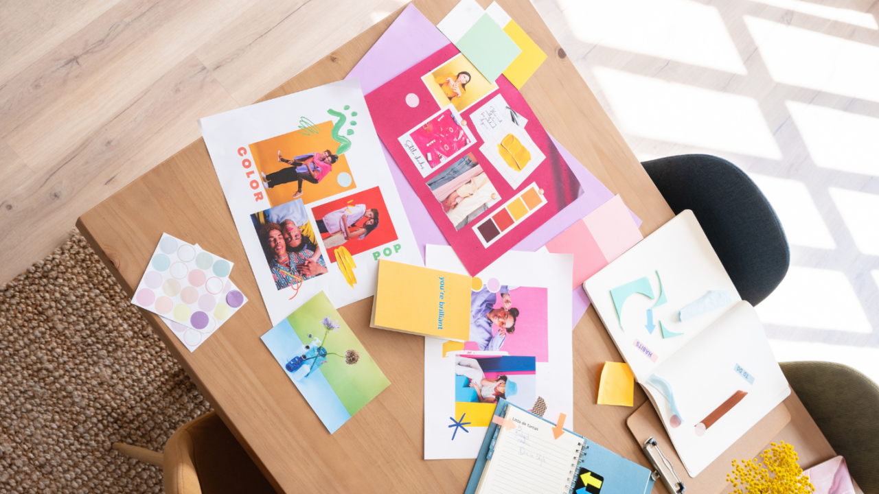 Marketing planning desk with visual content layouts, color swatches, and campaign inspiration