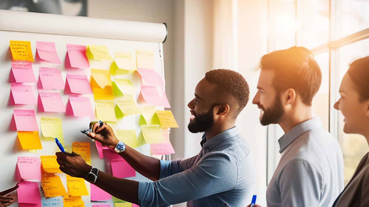 A group of professionals collaborating around a whiteboard covered with colorful sticky notes, actively writing and discussing ideas. The scene represents organizational development and change management planning in a modern office setting.