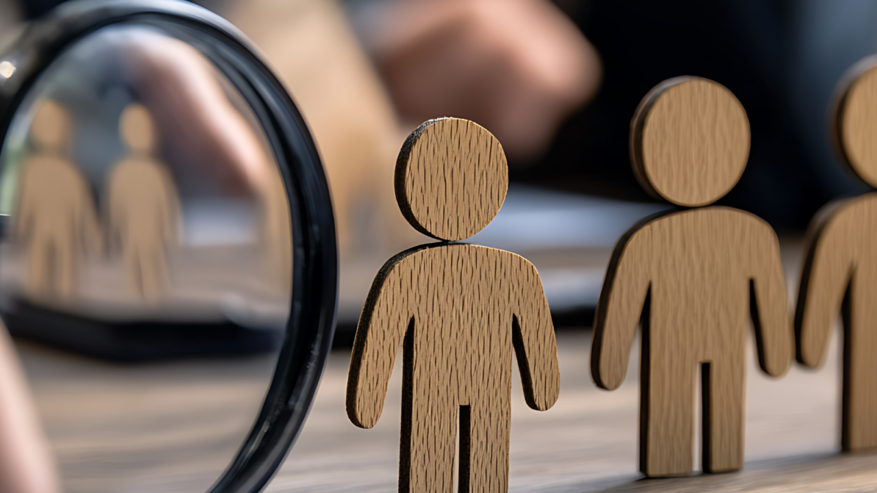 Wooden human figures on a desk with a magnifying glass highlighting one figure, symbolizing HR support, employee assistance, and workforce guidance.