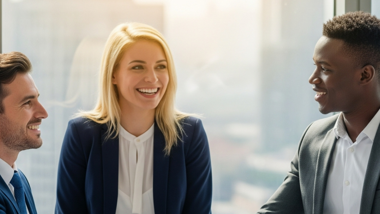 Professionals in a modern office setting shaking hands and collaborating, representing talent management, employee development, and leadership growth initiatives.