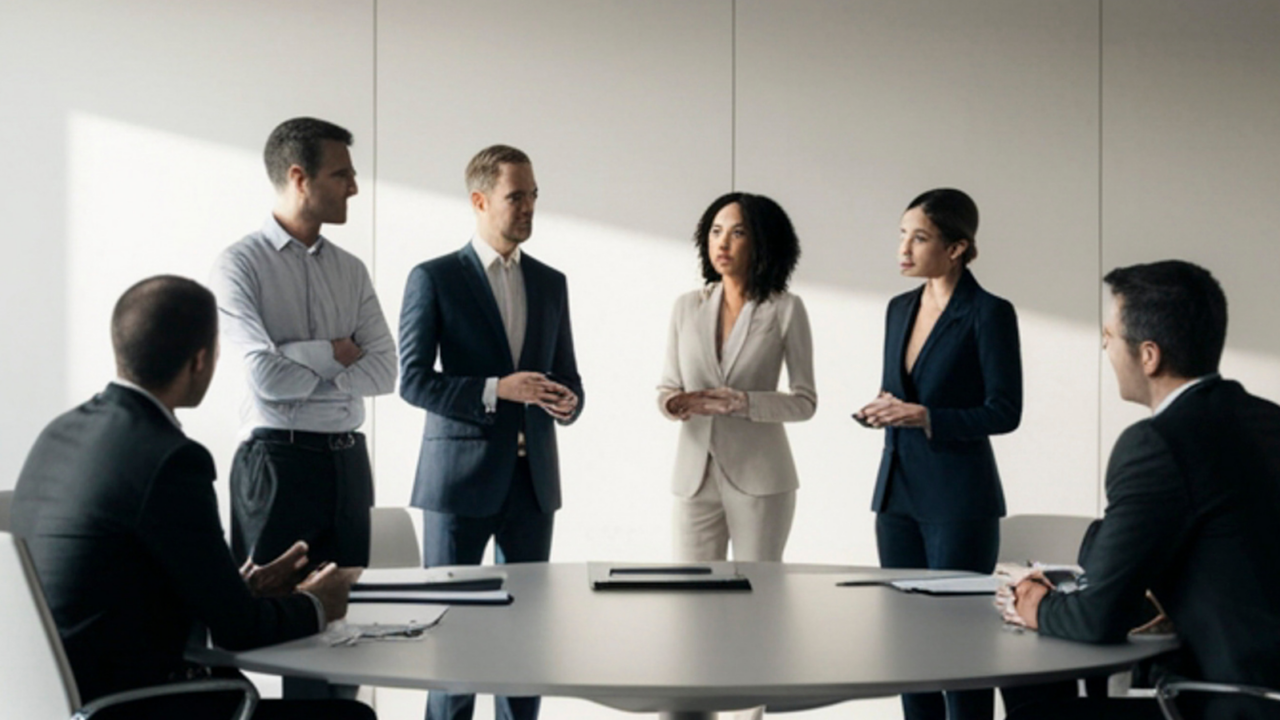 A modern corporate boardroom with six professionals engaged in discussion. Three individuals are standing near the center of the room, dressed in formal business attire, while three others are seated around a large round conference table.