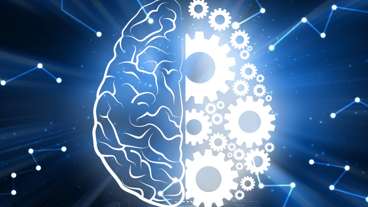 Illustration of a brain split into two halves: one side showing neural patterns and the other side filled with interconnected gears, set against a glowing blue digital background with network nodes, symbolizing artificial intelligence and machine learning.