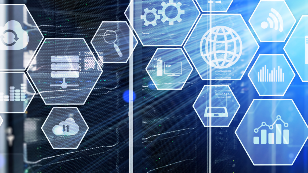 Hexagonal digital icons representing cloud computing, global connectivity, analytics, and automation overlaid on server racks in a data center, symbolizing enterprise platform services and technology integration.