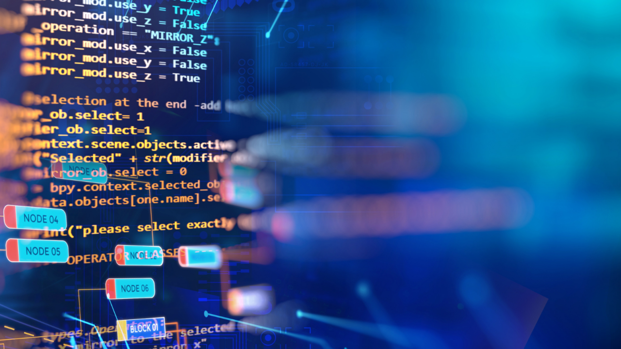 Abstract representation of data and analytics with colorful programming code, digital nodes, and circuit-like patterns overlaid on a blue futuristic background, symbolizing big data processing and advanced analytics.
