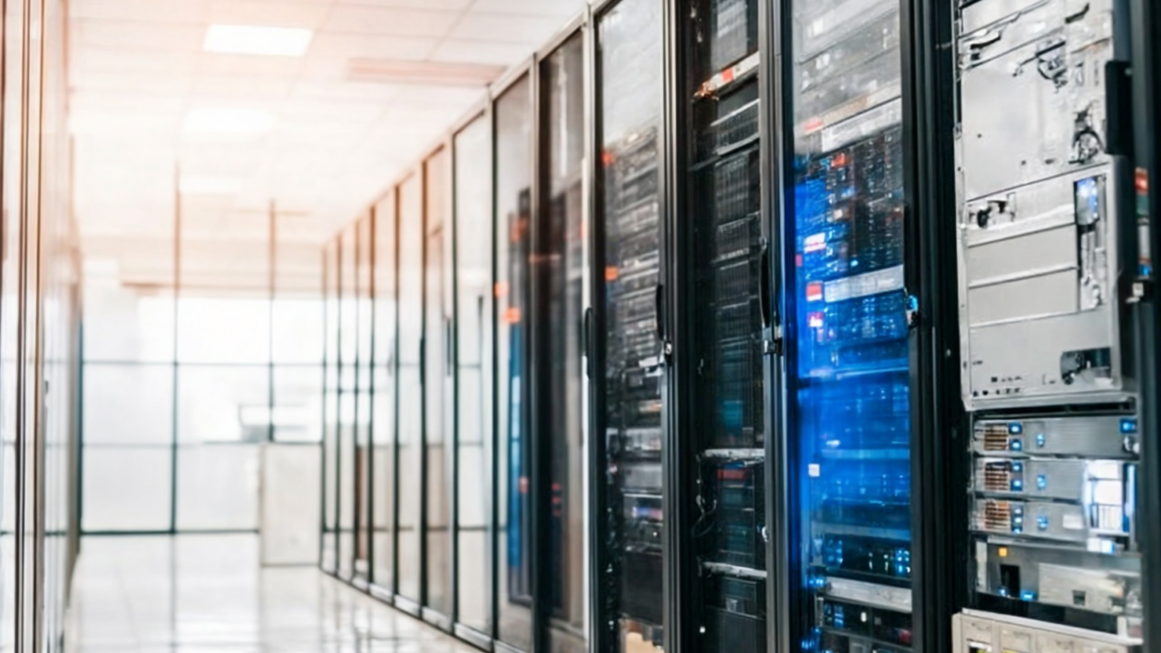 Modern data center with rows of server racks and network equipment enclosed in glass panels, representing IT infrastructure and enterprise computing systems.