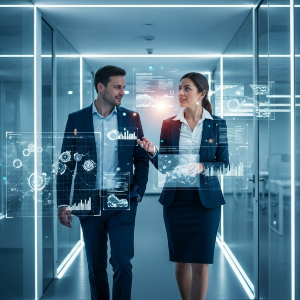 Two business professionals walking through a modern glass corridor with holographic digital dashboards displaying charts, graphs, and data analytics, representing enterprise application services and platform integration.