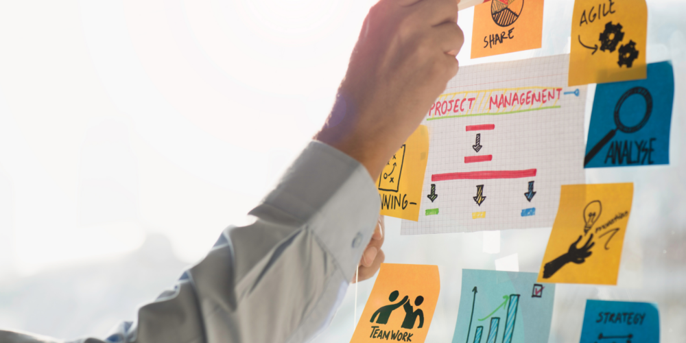 Business professional organizing a project management plan with sticky notes and process diagrams Team planning session with visual workflow charts and collaboration icons on a glass board