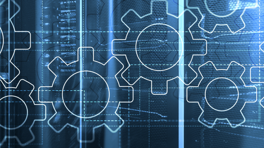 Digital illustration of interconnected gear icons overlaid on a background of server racks and circuit patterns, symbolizing automation, integration, and application services in a modern IT infrastructure.
