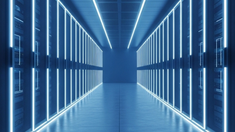 A futuristic data center corridor lined with illuminated server racks on both sides, featuring bright blue LED lighting and a reflective floor, symbolizing advanced IT infrastructure and high-performance computing environments.