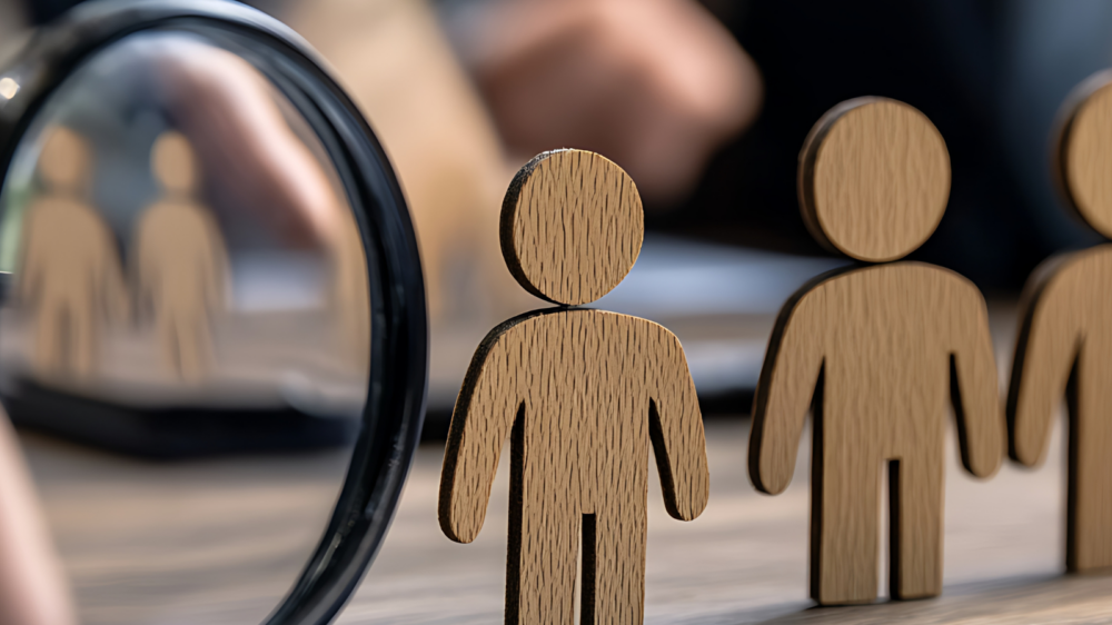 Wooden human figures on a desk with a magnifying glass highlighting one figure, symbolizing HR support, employee assistance, and workforce guidance.