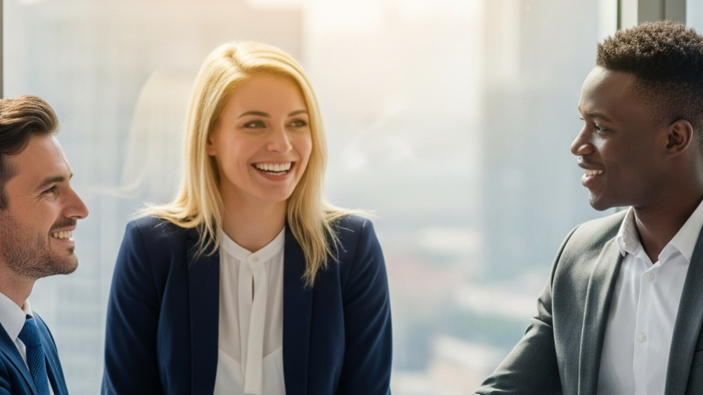 Professionals in a modern office setting shaking hands and collaborating, representing talent management, employee development, and leadership growth initiatives.